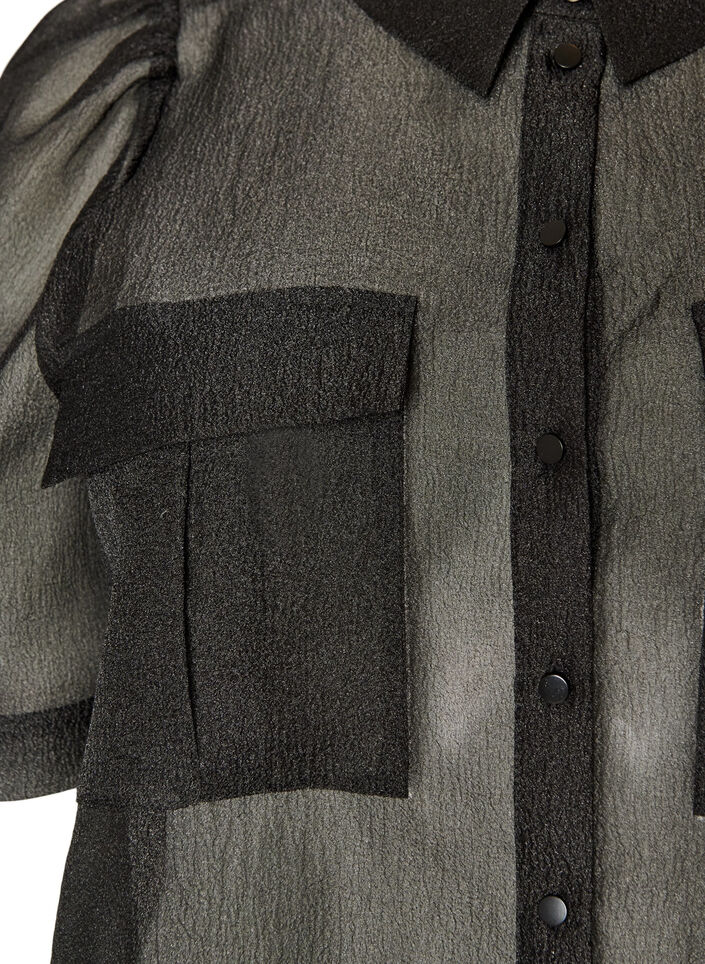 Robe en organza avec poches poitrine et manches bouffantes, Noir, Packshot image number 2