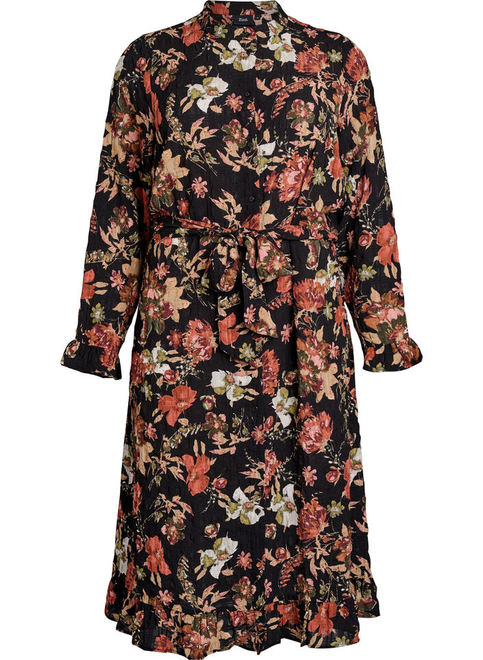 Robe midi &agrave; imprim&eacute; floral avec ceinture amovible &agrave; nouer, Charbon, Packshot image number 0