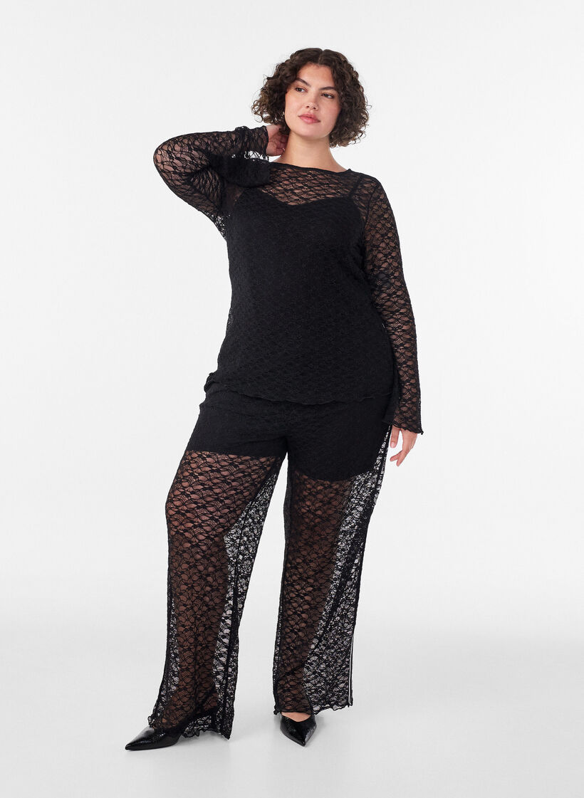 Pantalon &agrave; coupe ample en dentelle transparente, Noir, Model image number 0