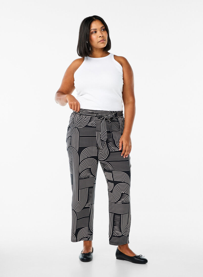 Pantalon taille haute en viscose, Noir, Model image number 0