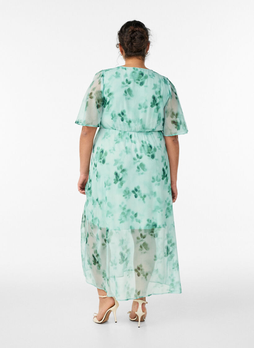 Robe longue en chiffon imprim&eacute; floral et manches courtes, Vert, Model