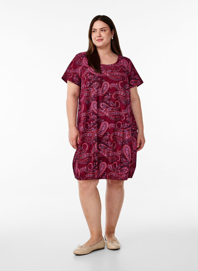 Robe en coton &agrave; manches courtes avec imprim&eacute;, Bordeaux, Model image number 1