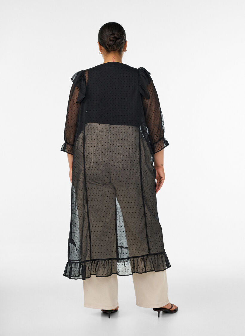Robe midi en tissu l&eacute;ger et vaporeux &agrave; pois, avec des volants, Noir, Model image number 1