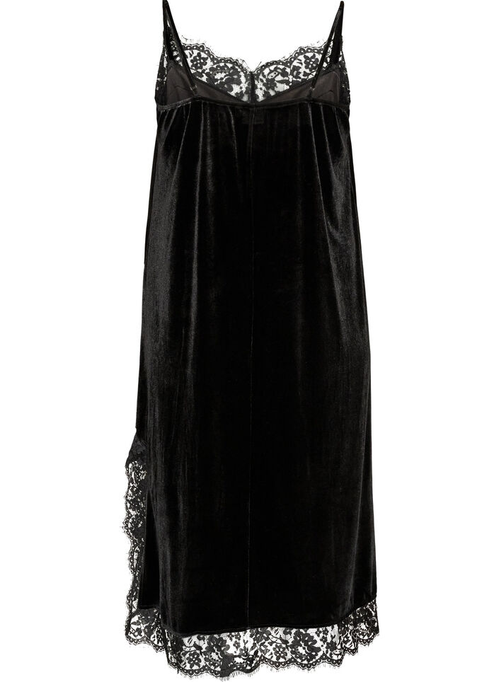 Robe en velours avec dentelle et fente lat&eacute;rale, Noir, Packshot image number 1