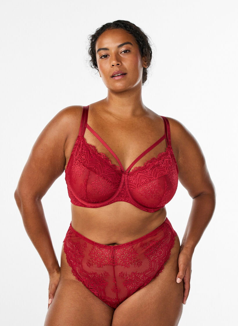 Soutien-gorge emboîtant en dentelle avec détails de lanières, Rouge, Model image number 1