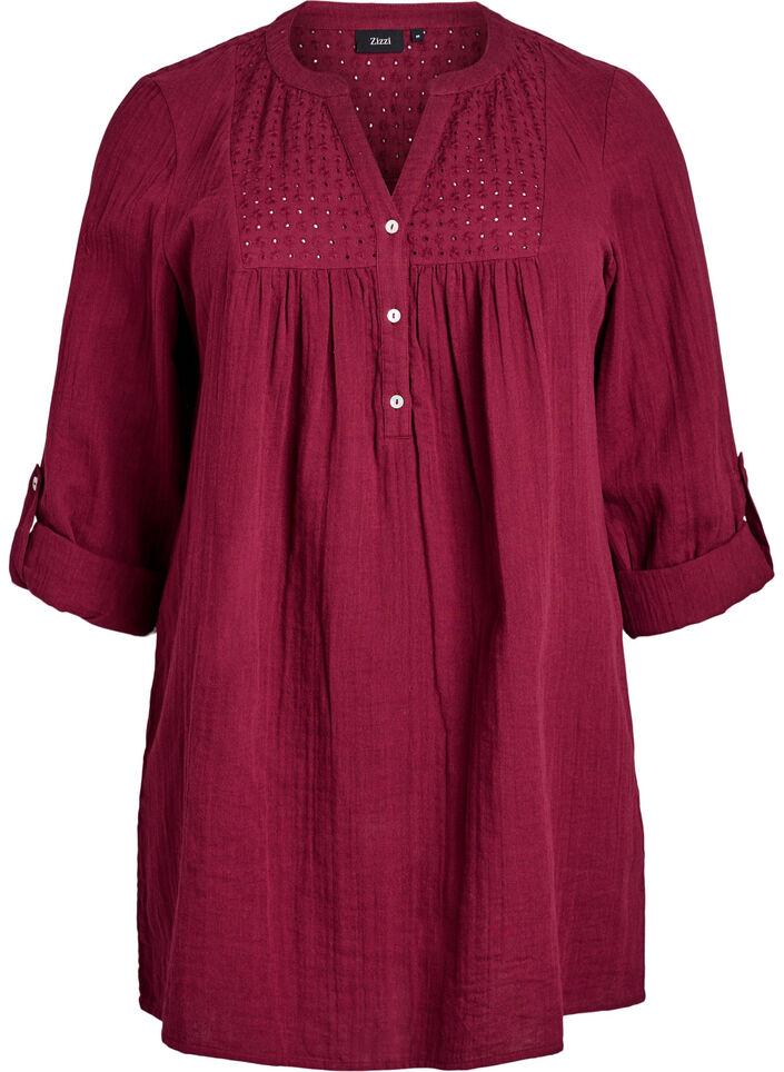 Tunique en mousseline de coton avec broderie anglaise, Bordeaux fonc&eacute;, Packshot image number 0