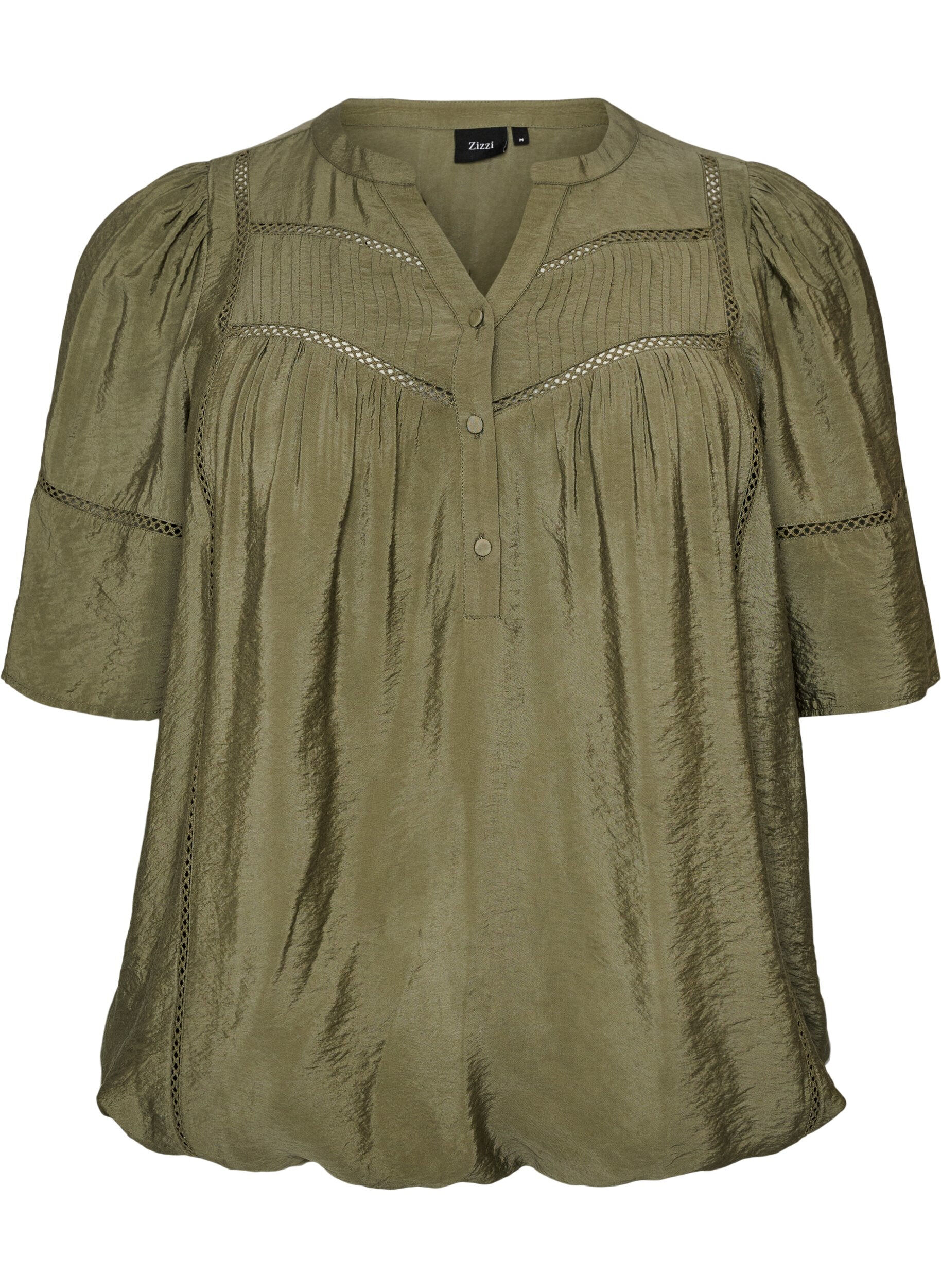 ZizziBlouse en viscose avec nervures et effet ballon, Vert Kaki, Packshot image number 0
