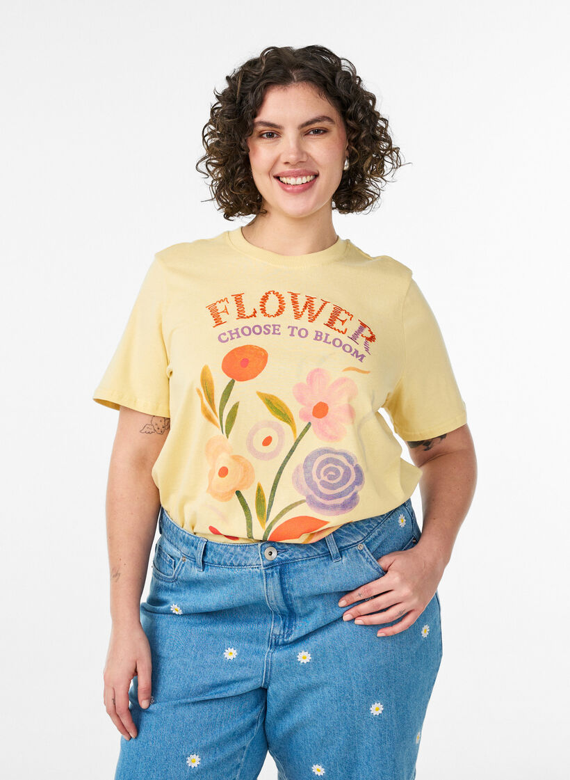 T-shirt en coton avec imprim&eacute;, Jaune clair, Model image number 0