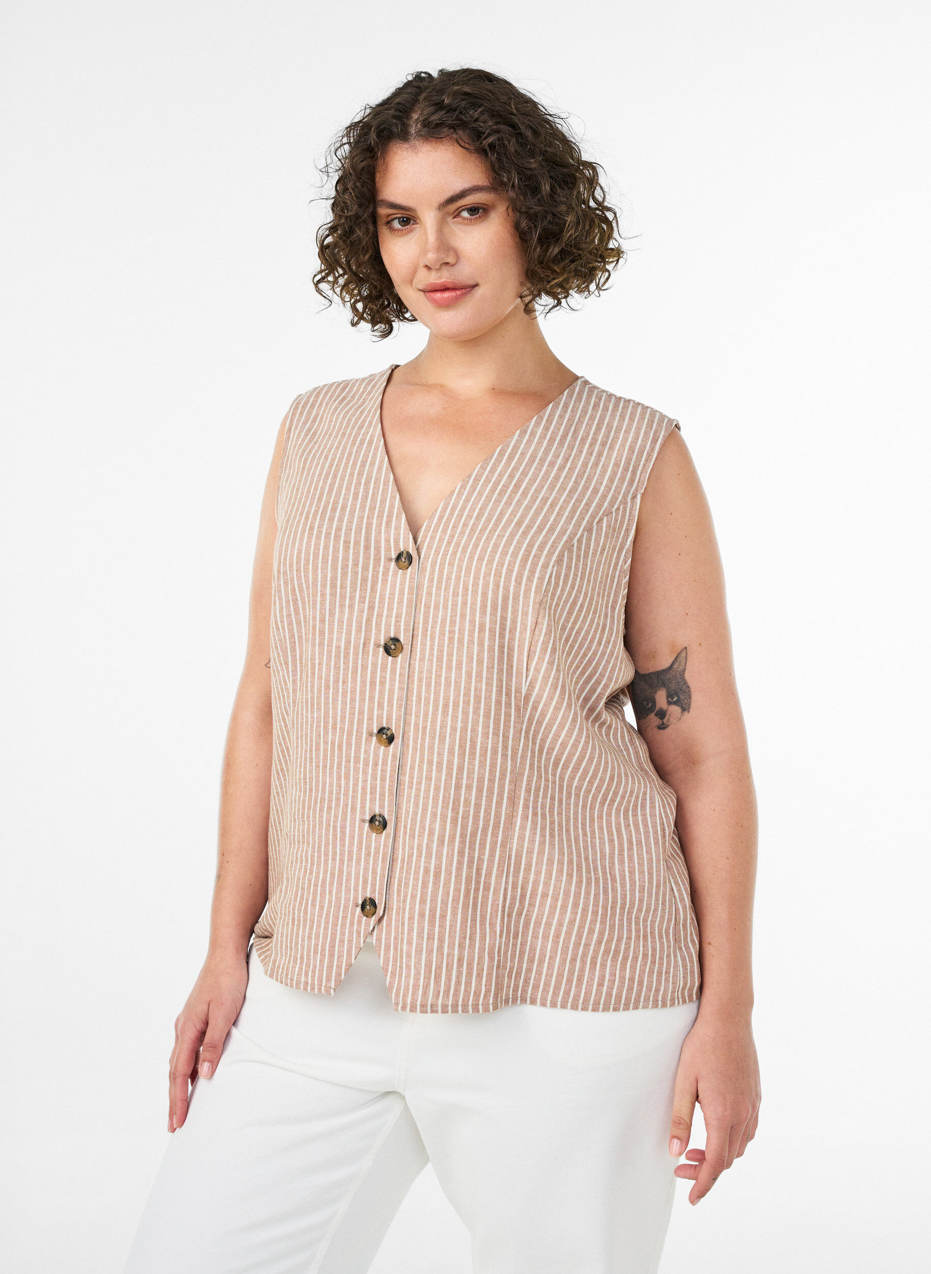 Gilet ray&eacute; en lin et viscose, Beige, Model