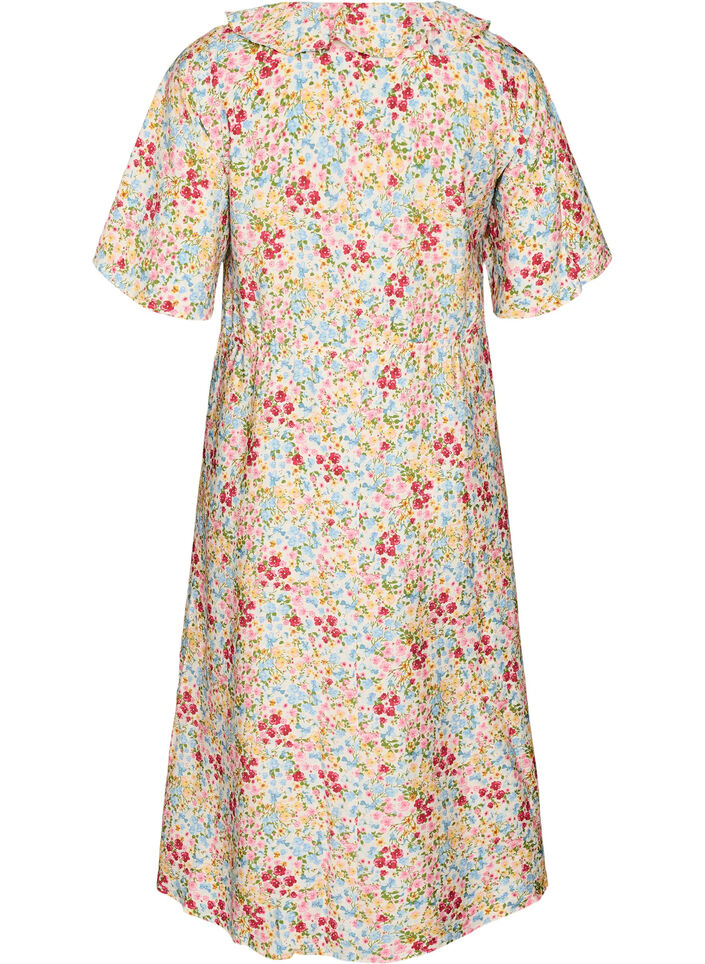 Robe midi en viscose avec imprim&eacute; fleuri et col &agrave; volants, Rose, Packshot image number 1