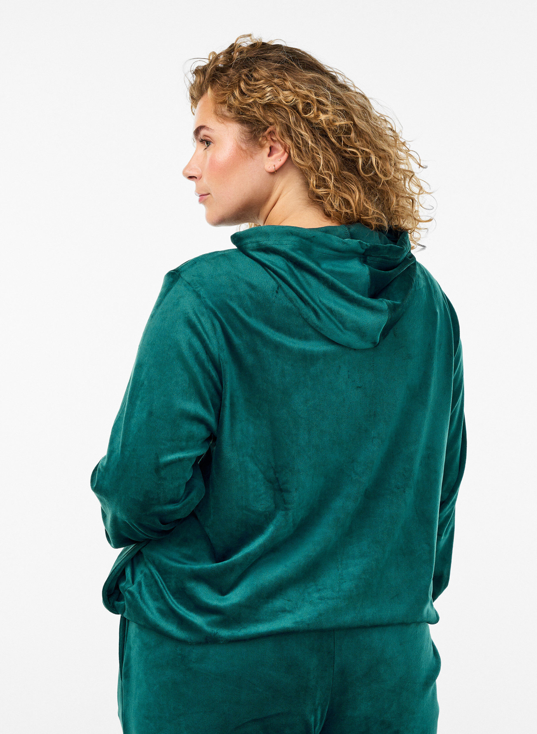 Zizzi Cardigan en velours avec zip et capuche, Vert, Model image number 2