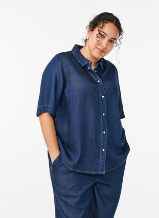 ZizziChemise à manches courtes aspect denim en lyocell, Bleu, Model image number 0