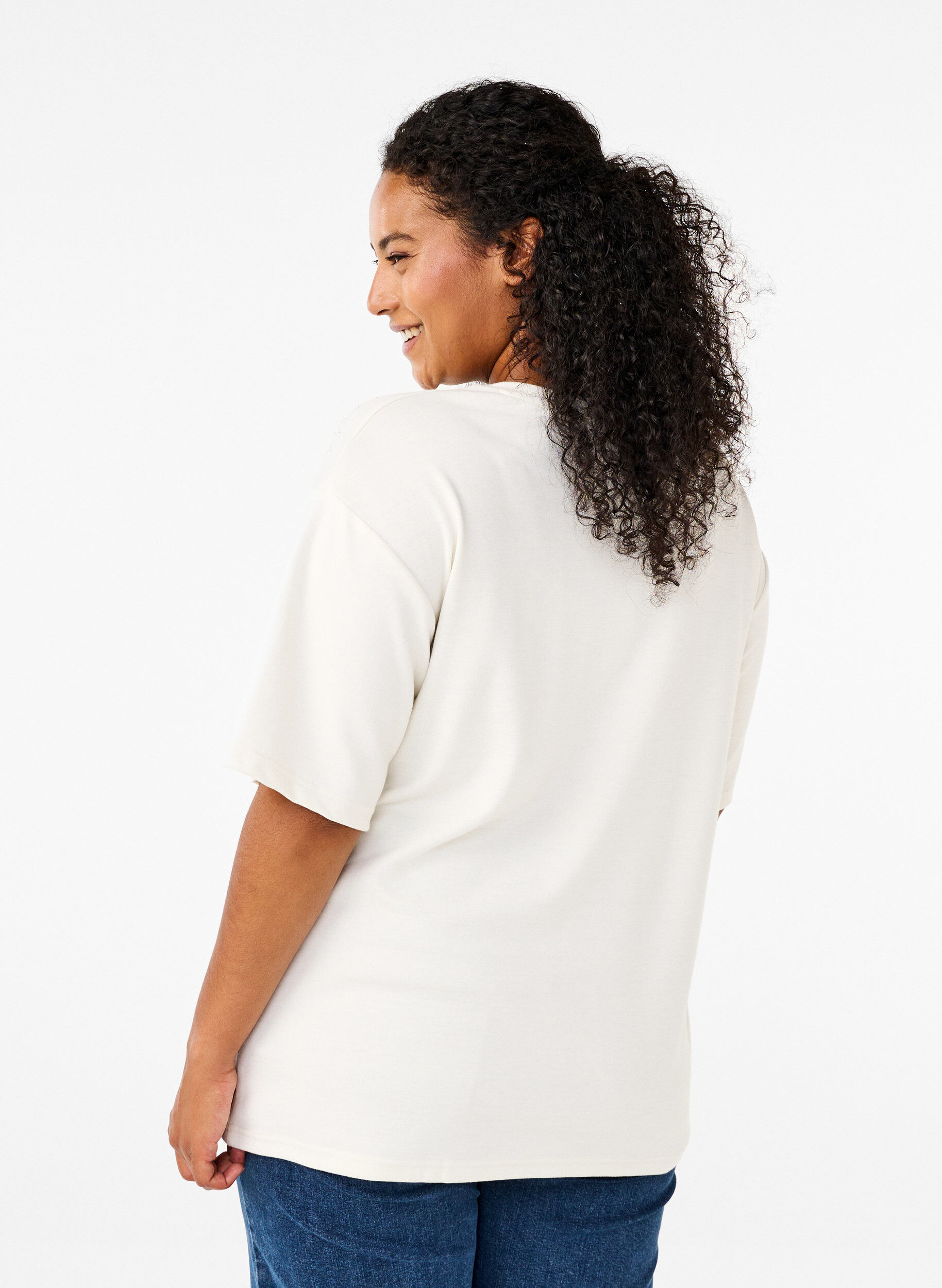 Zizzi T-shirt avec strass et col rond, Blanc, Model image number 2