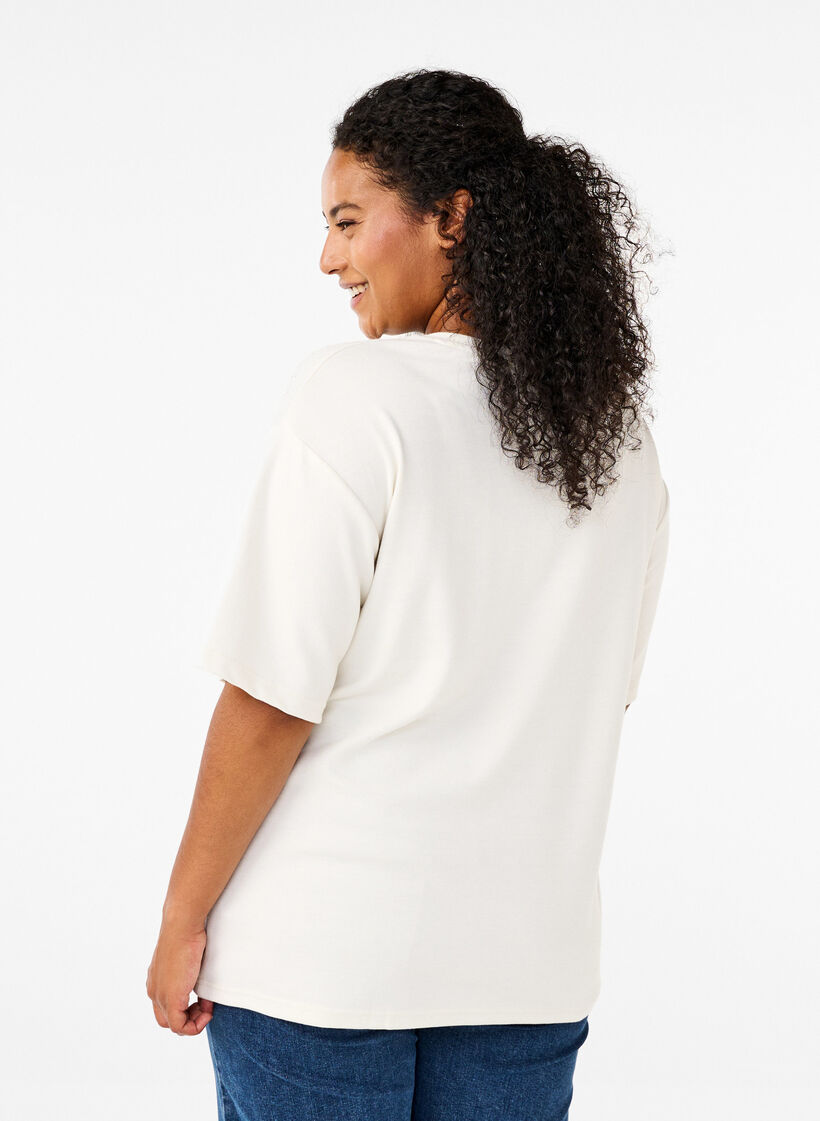 T-shirt avec strass et col rond, Blanc, Model image number 2