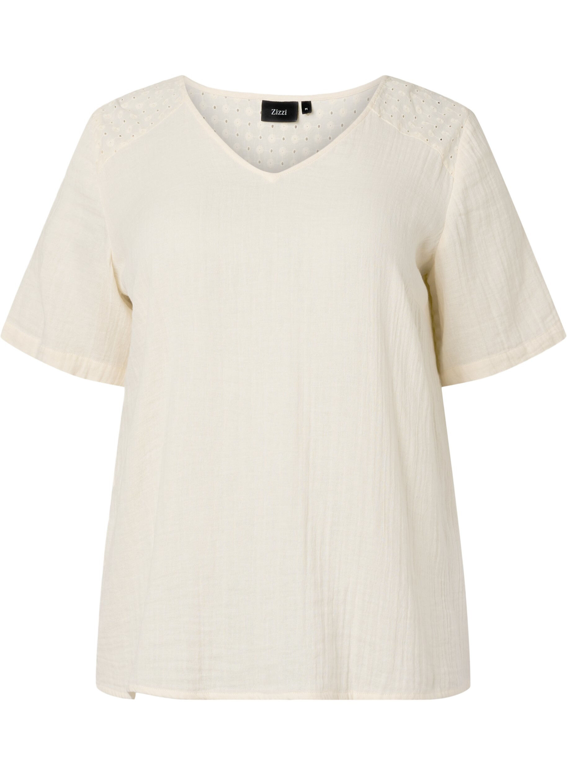 Zizzi Chemisier en coton avec broderie et manches courtes, Buttercream, Packshot image number 0