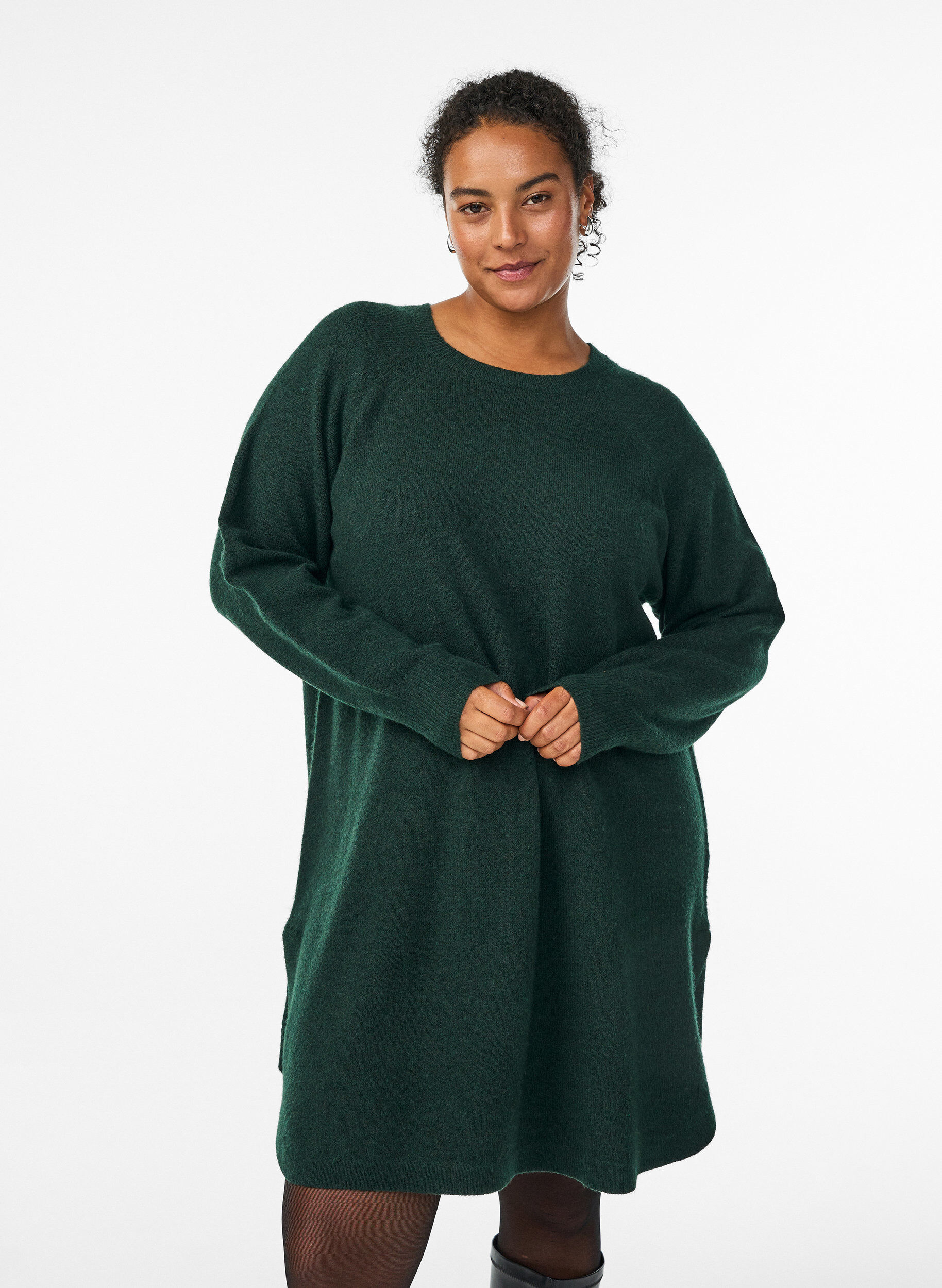 Robe courte en maille &agrave; col rond, Vert fonc&eacute;, Model