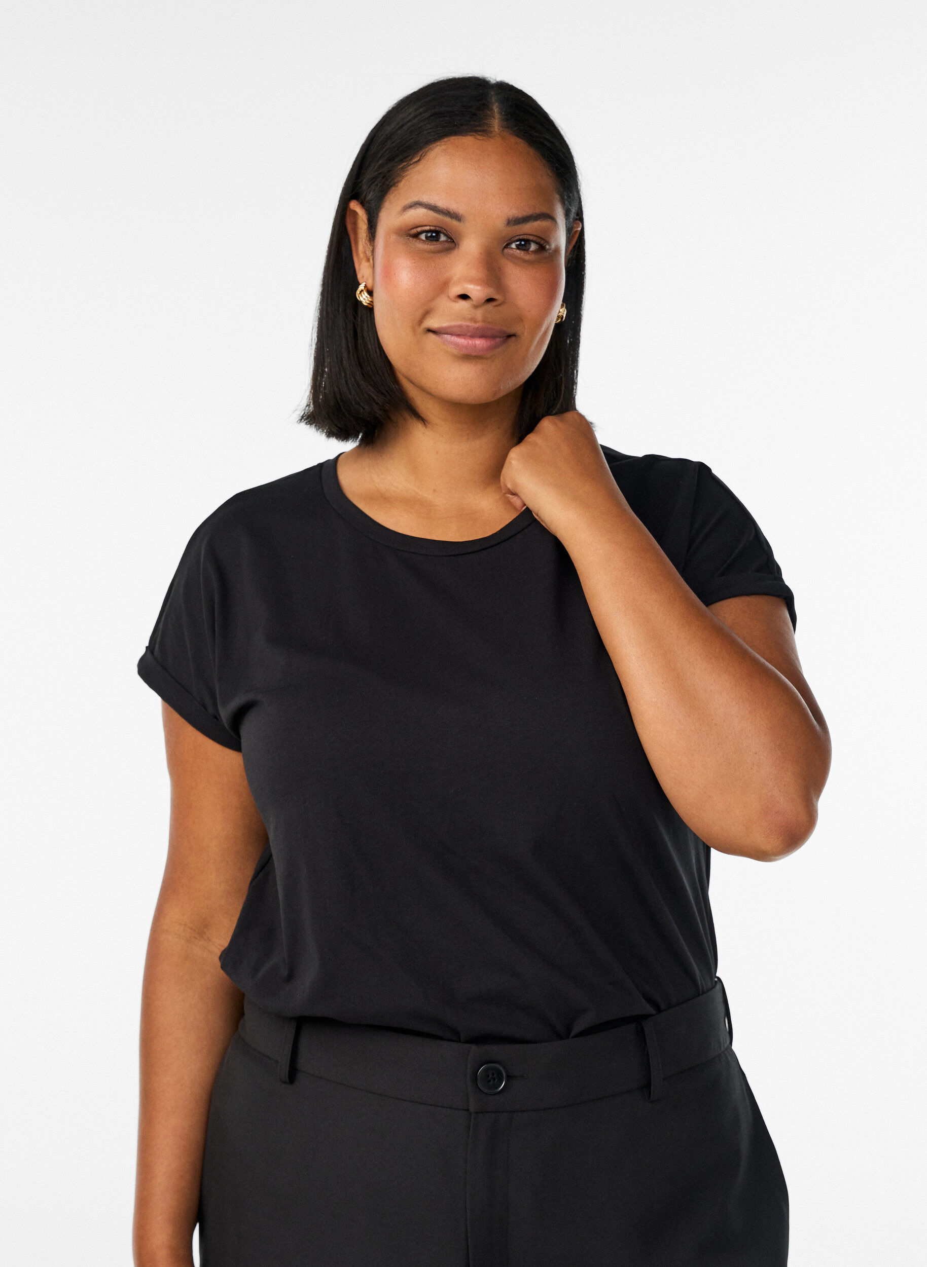 T-shirt &agrave; manches courtes en coton m&eacute;lang&eacute;, Noir, Model