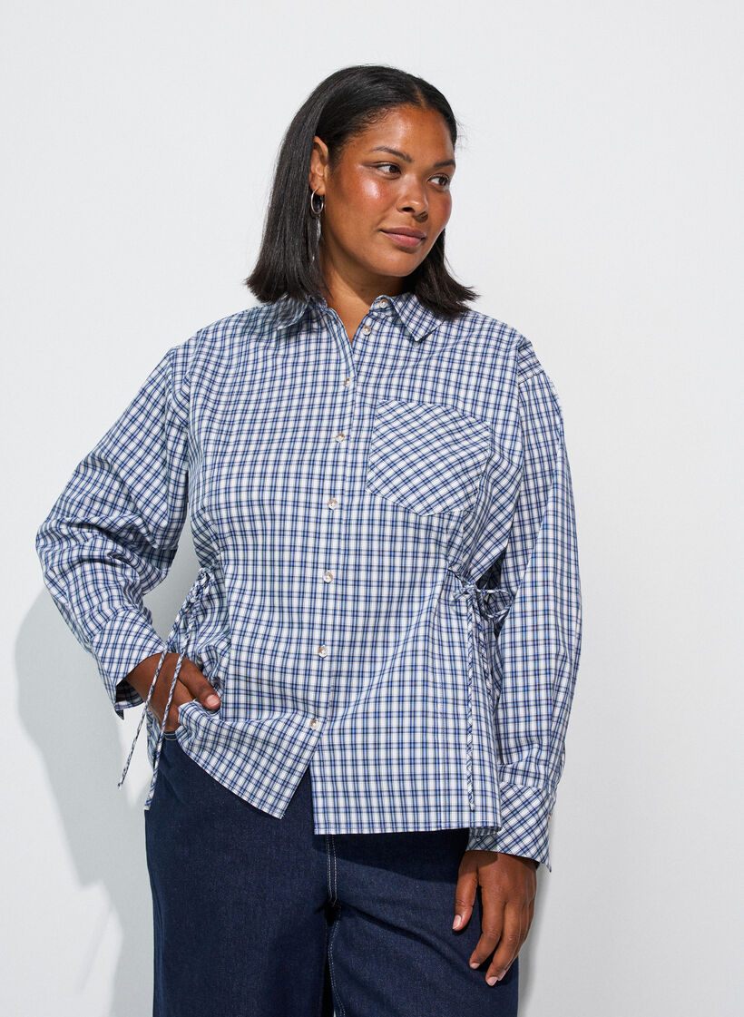 Chemise ample &agrave; carreaux avec ceinture &agrave; nouer, Bleu, Model image number 3