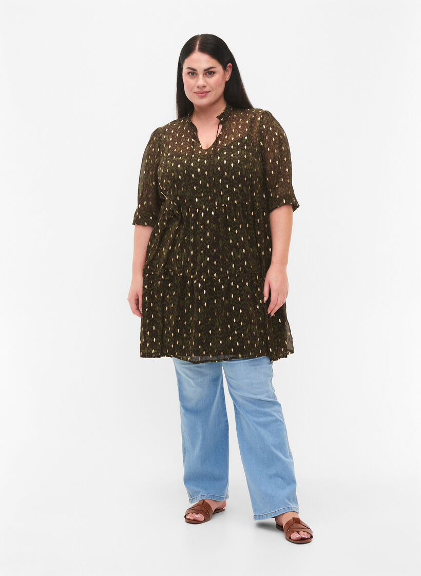 Tunique avec imprimé et lurex, Green Ethnic AOP, Model image number 2