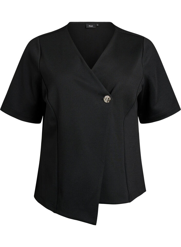 Blouse à effet cache-cœur asymétrique avec manches courtes, Noir, Packshot image number 0