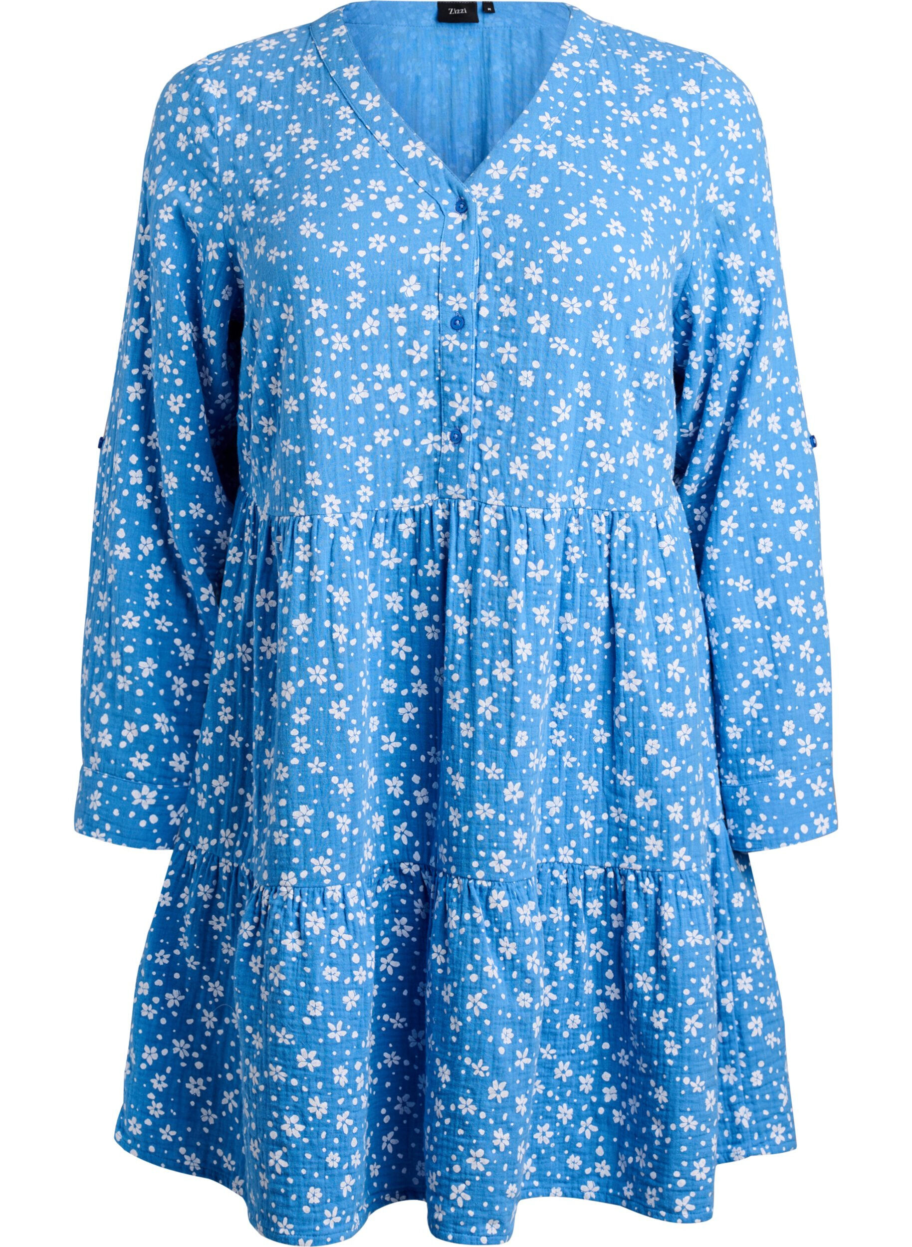 Zizzi Robe courte en mousseline de coton &agrave; motif, Bleu, Packshot image number 0