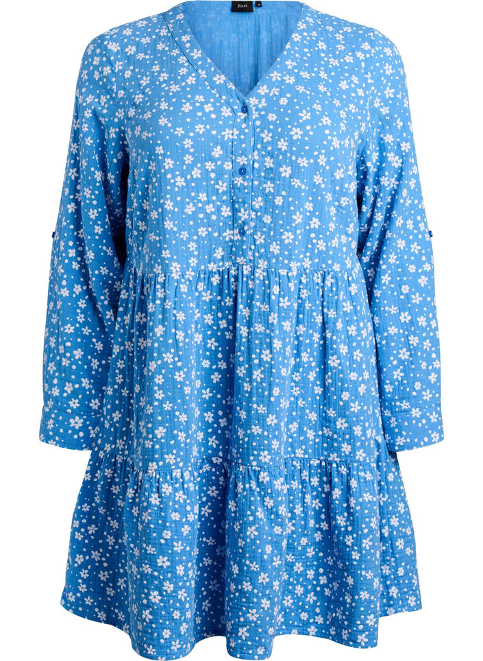 Robe courte en mousseline de coton &agrave; motif, Bleu, Packshot image number 0