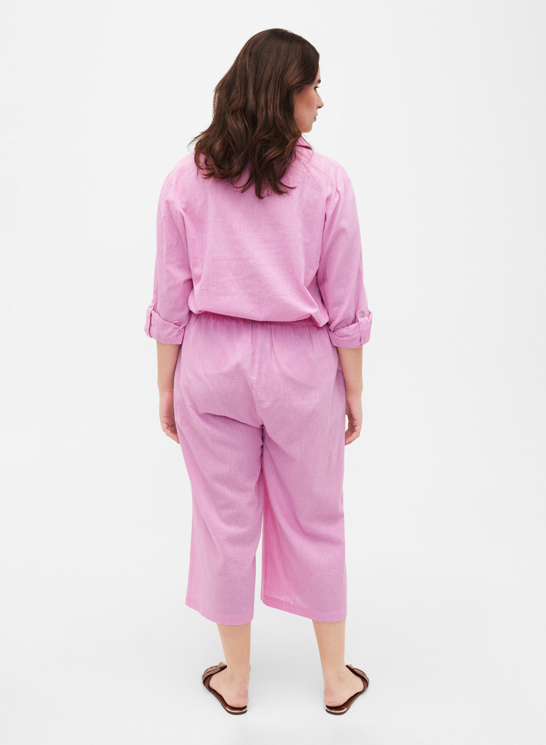 Zizzi Pantalon 7/8 en coton et lin m&eacute;lang&eacute;s, Rosebloom, Model image number 1