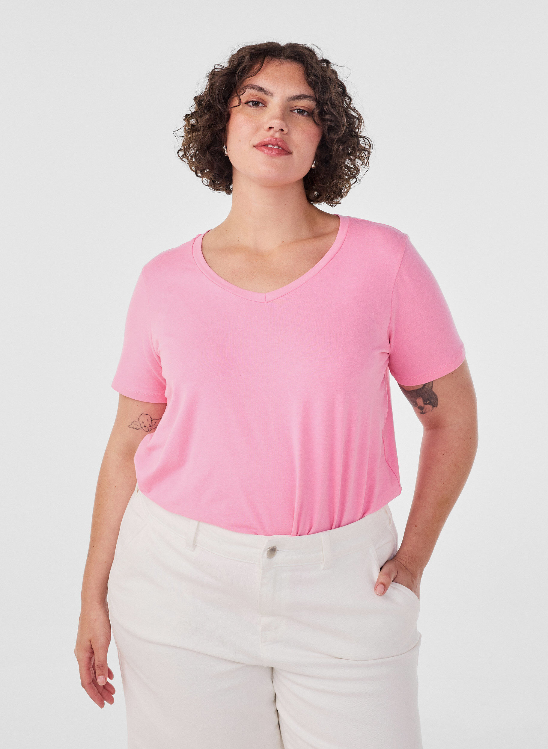 T-shirt en coton uni basique, Rose, Model