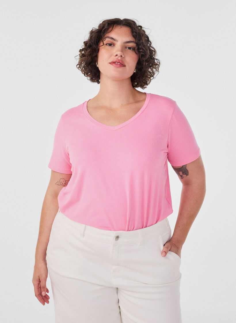 T-shirt en coton uni basique, Rose, Model image number 0