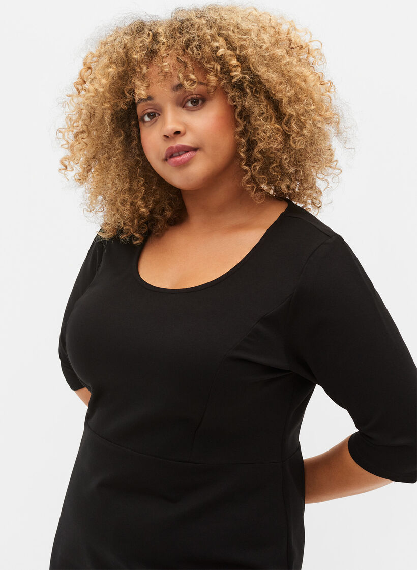 Robe unie à manches 3/4 et fendue, Black, Model image number 2