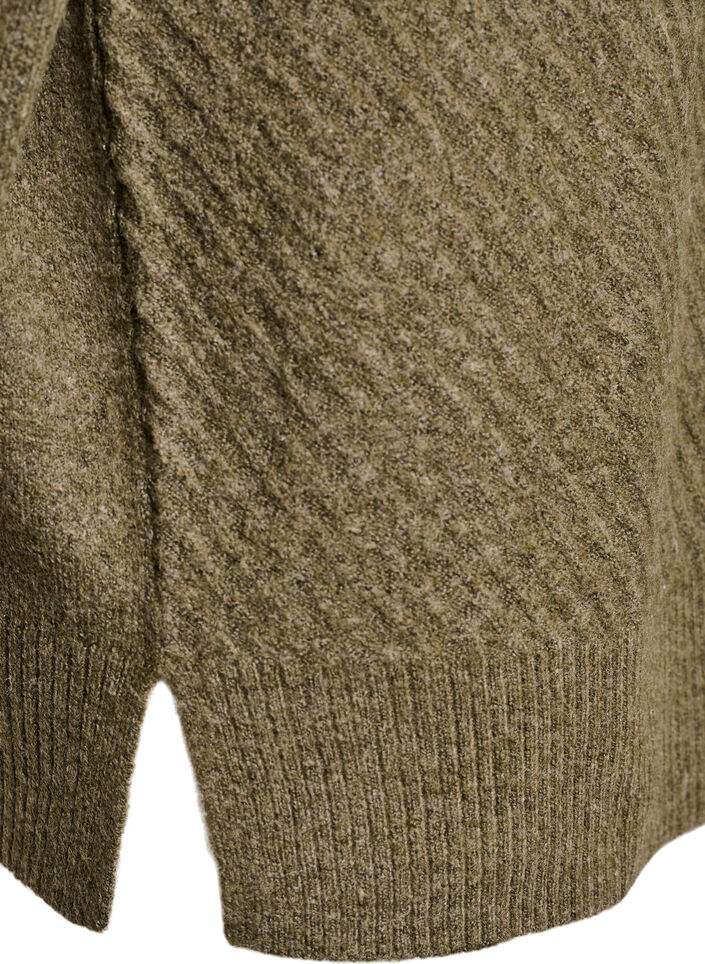 Blouse en maille avec motif c&ocirc;tel&eacute; en V et fentes, Vert Kaki, Packshot image number 3
