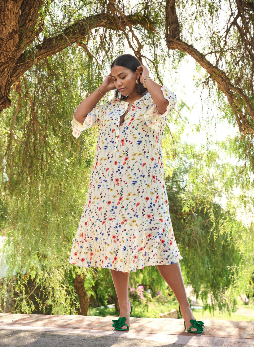 Robe midi florale à manches 3/4, Bleu, Image image number 0