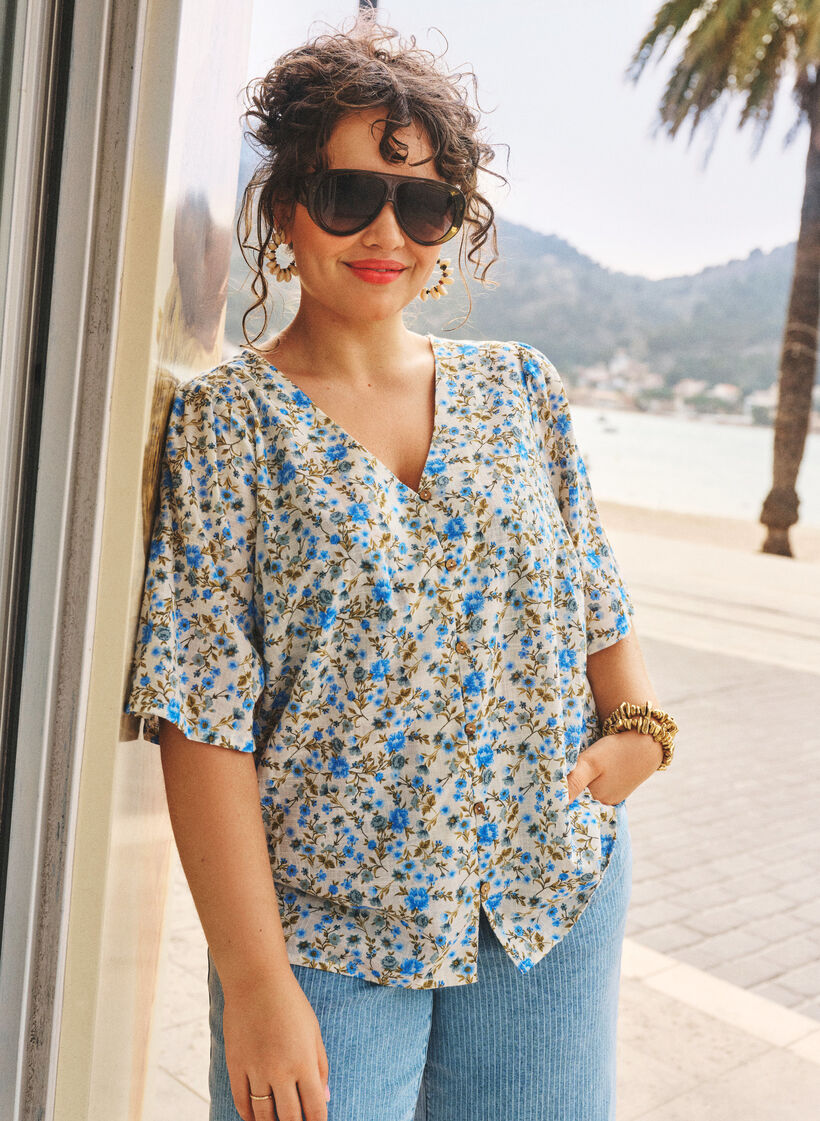 Chemise en coton &agrave; manches courtes avec col V, Bleu, Image