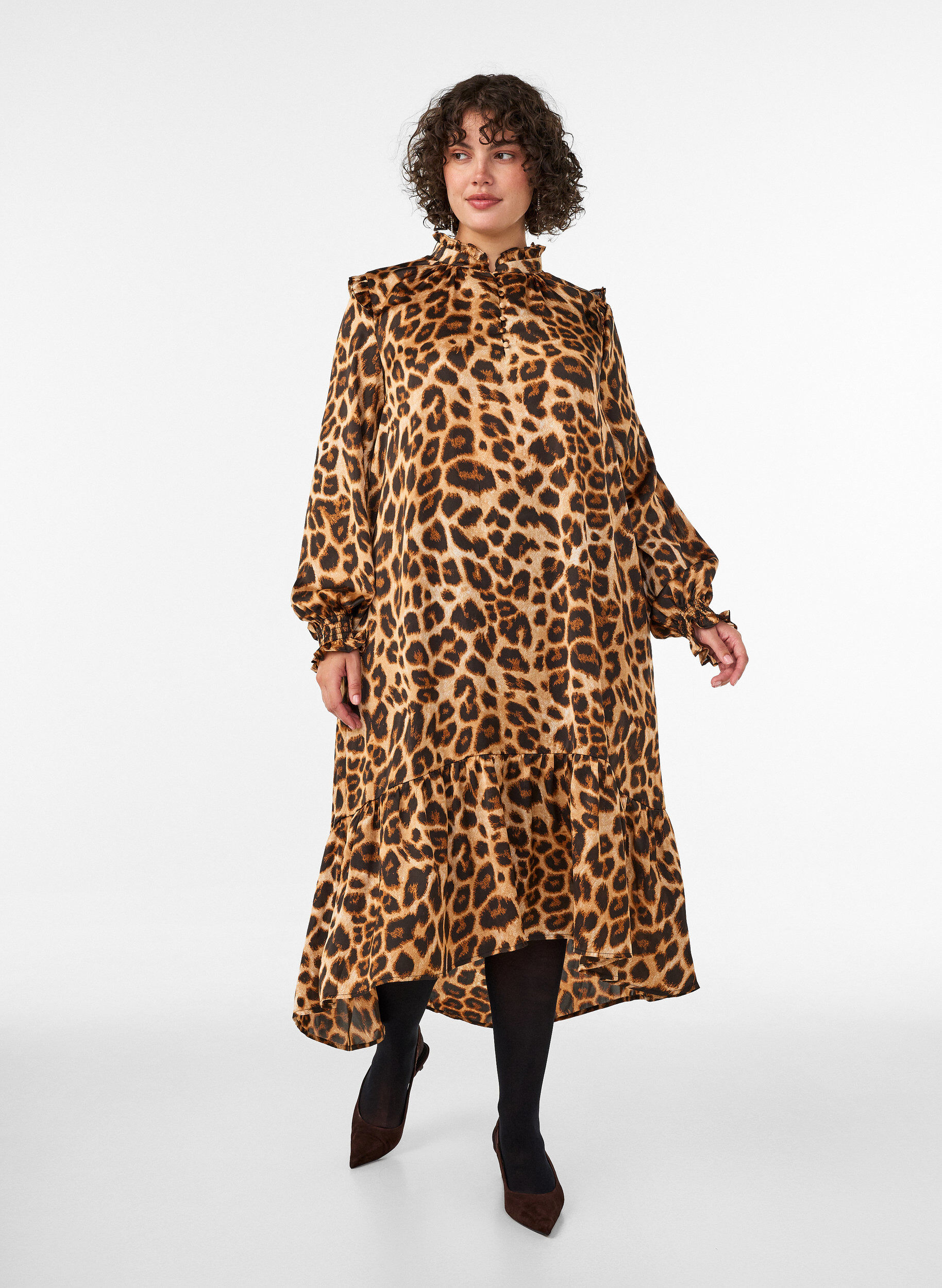 Robe &agrave; imprim&eacute; l&eacute;opard avec volants, Marron, Model
