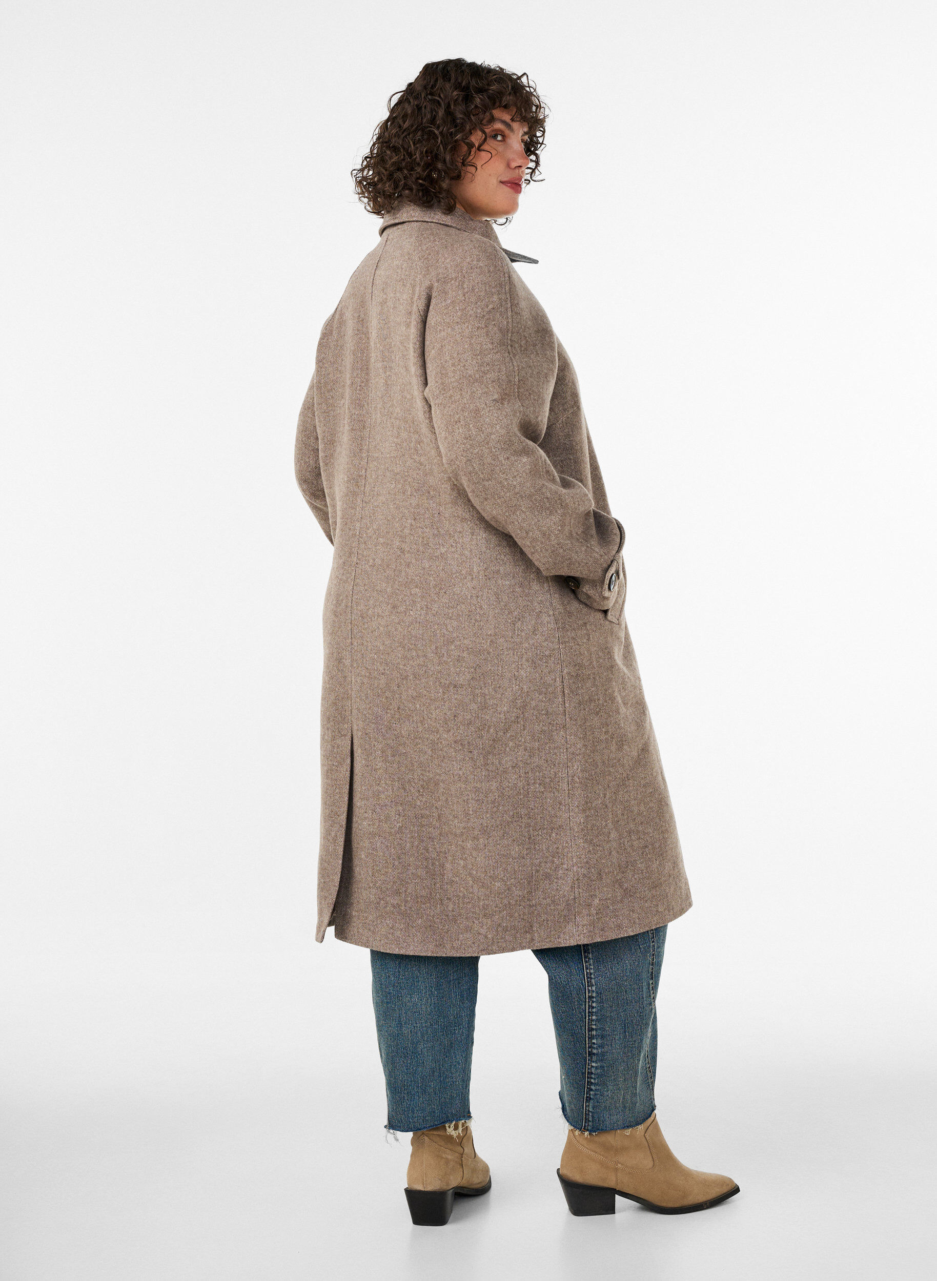 ZizziManteau long en laine &agrave; col montant et double boutonnage, Marron, Model image number 2