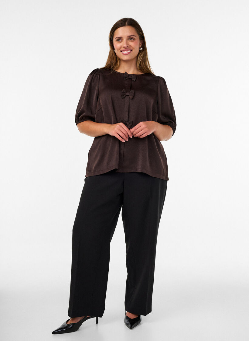 Blouse en satin avec n&oelig;uds et manches au coude, Marron, Model image number 1