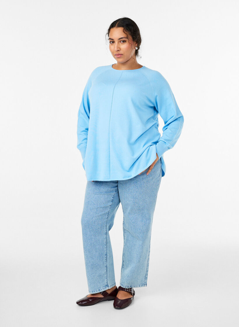 Blouse en maille &agrave; col rond et motif tricot&eacute;, Bleu Clair, Model image number 1