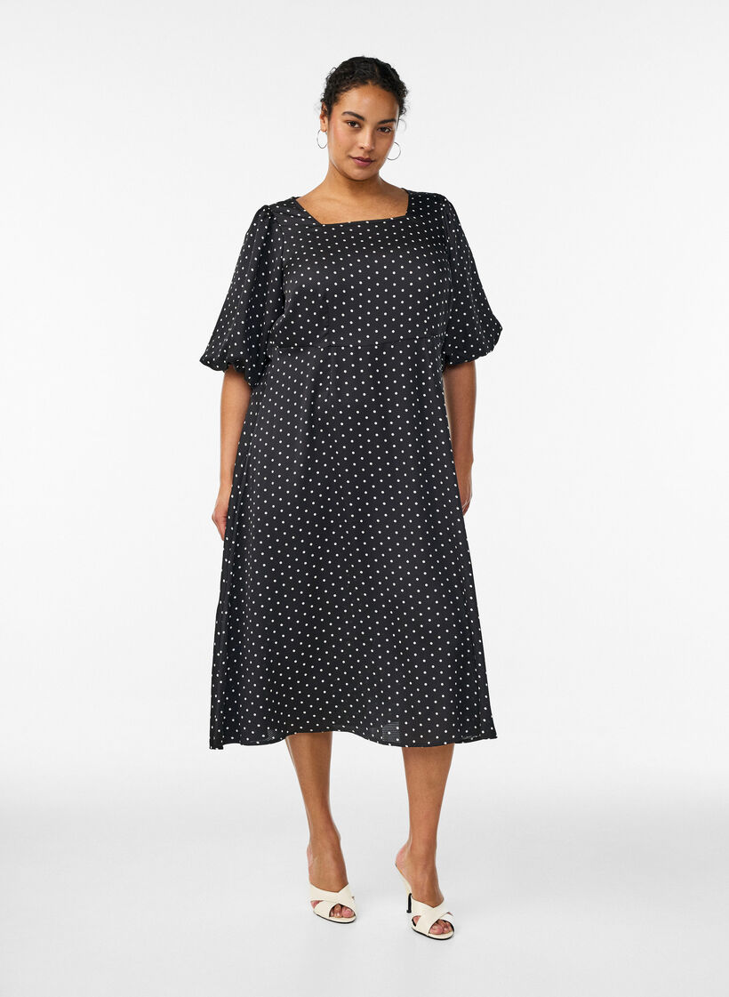 Robe midi &agrave; pois avec encolure carr&eacute;e, Noir, Model image number 0