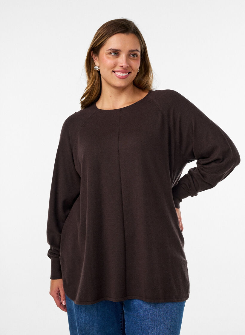 Chemisier en tricot avec col rond et motif tricot, Marron, Model image number 0