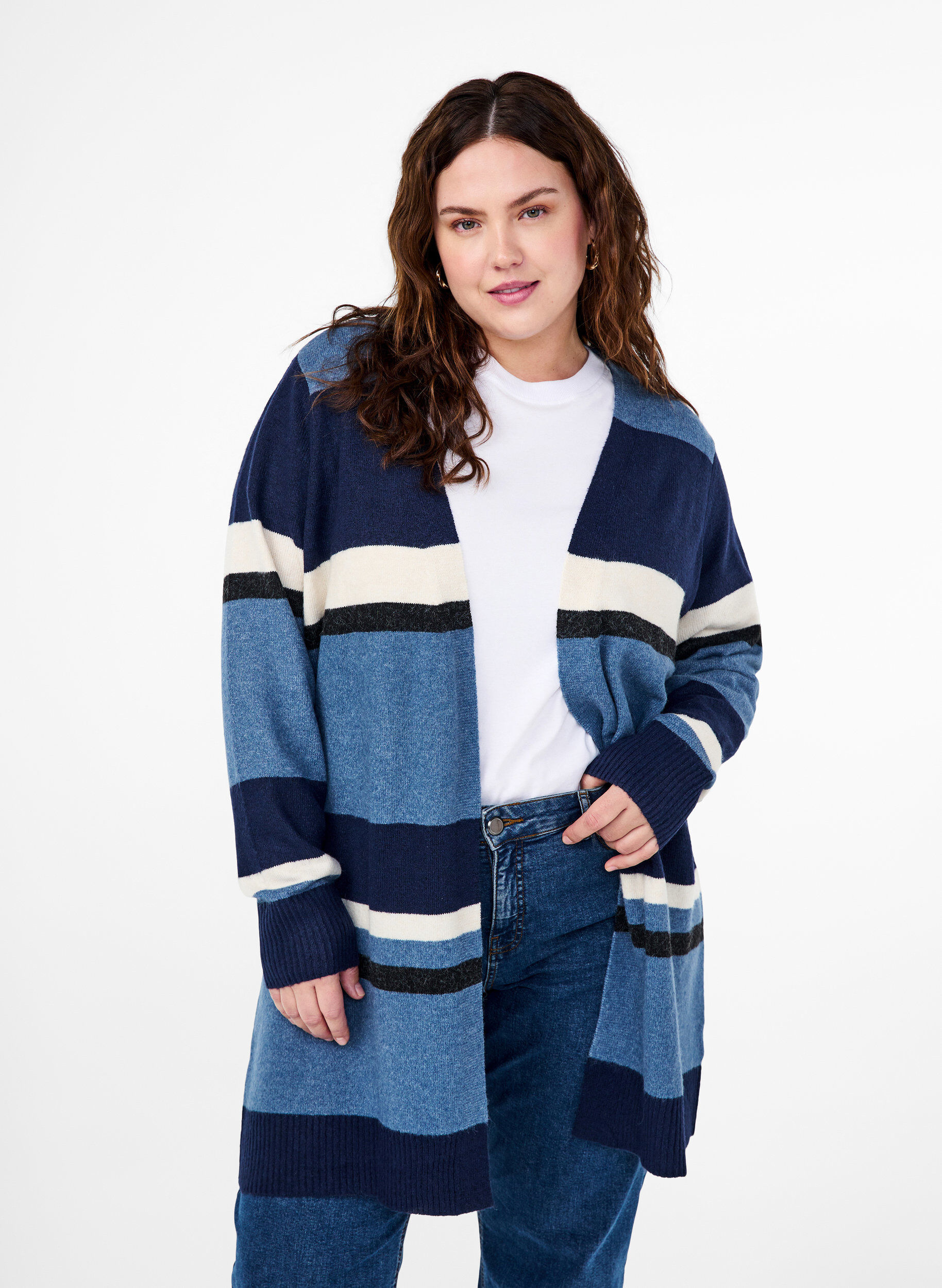 Zizzi Cardigan long en tricot avec rayures larges, Bleu, Model image number 0