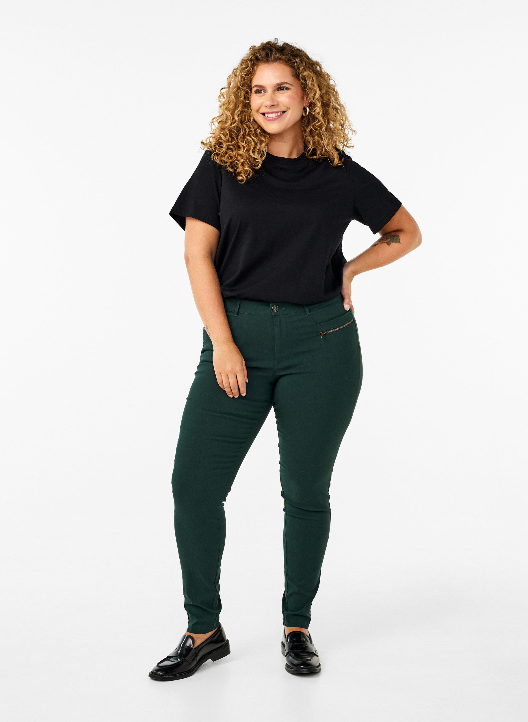 Pantalon moulant avec d&eacute;tails de fermetures &eacute;clairs , Vert fonc&eacute;, Model