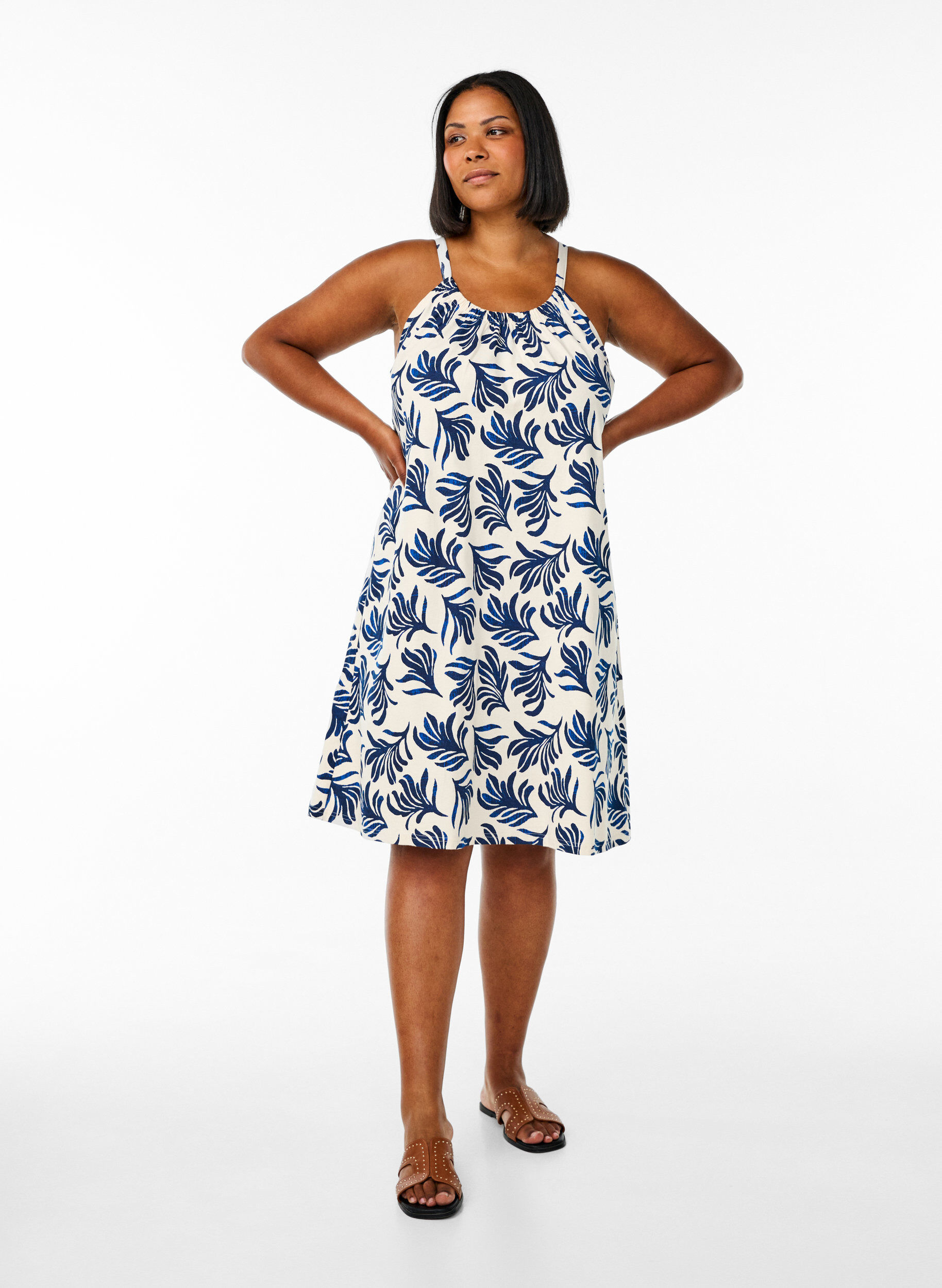 ZizziRobe &agrave; bretelles midi en coton bio, Blanc, Model image number 1