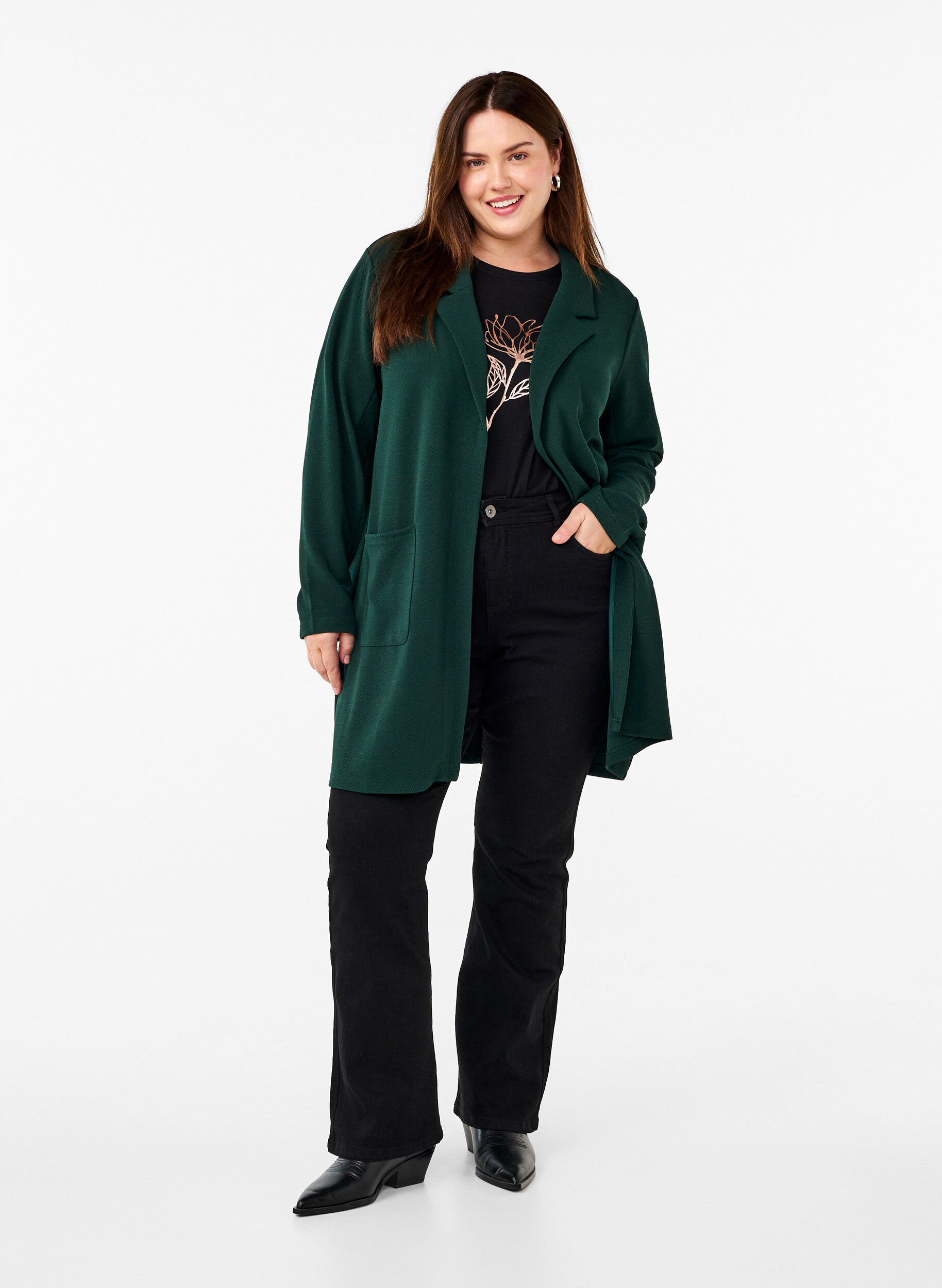 ZizziBlazer long avec des poches, Vert fonc&eacute;, Model image number 1