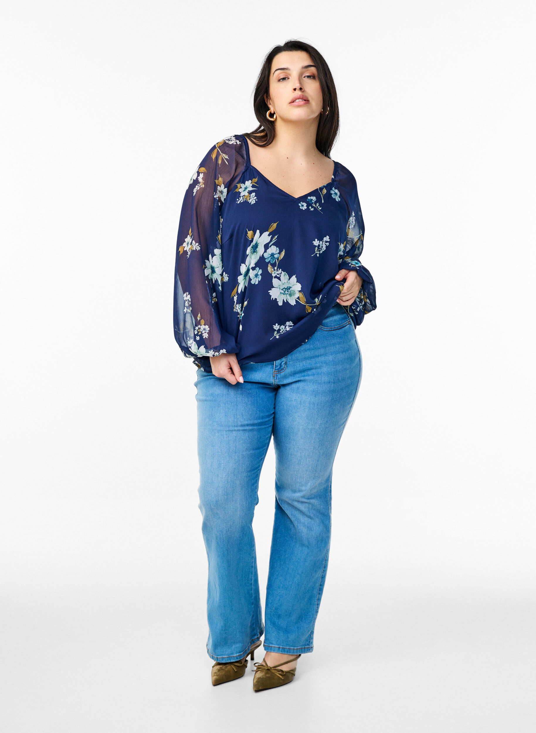 ZizziChemisier en mousseline avec imprim&eacute; floral et manches longues, Bleu, Model image number 1