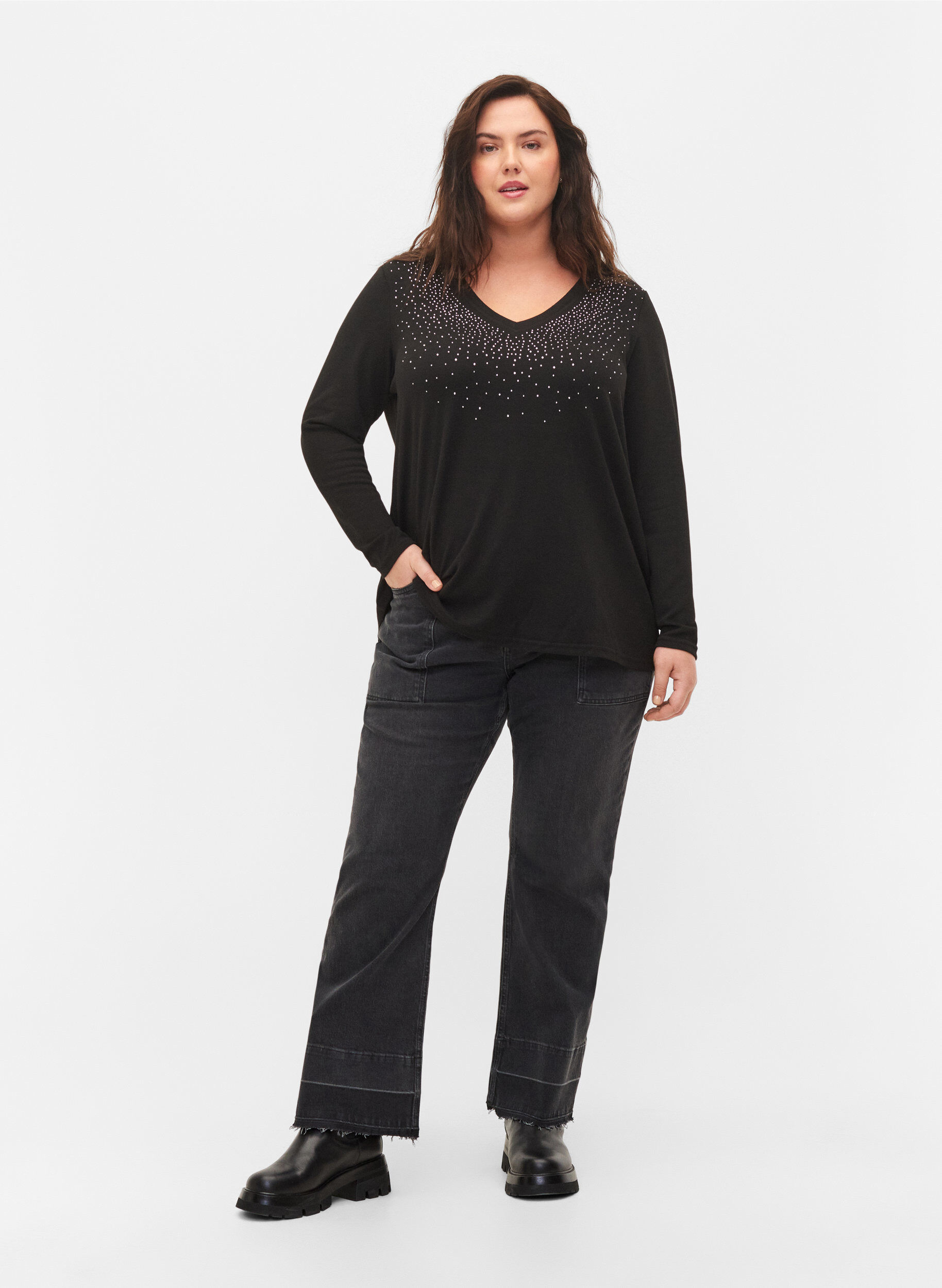 Zizzi Blouse avec similis et manches longues, Black, Model image number 2