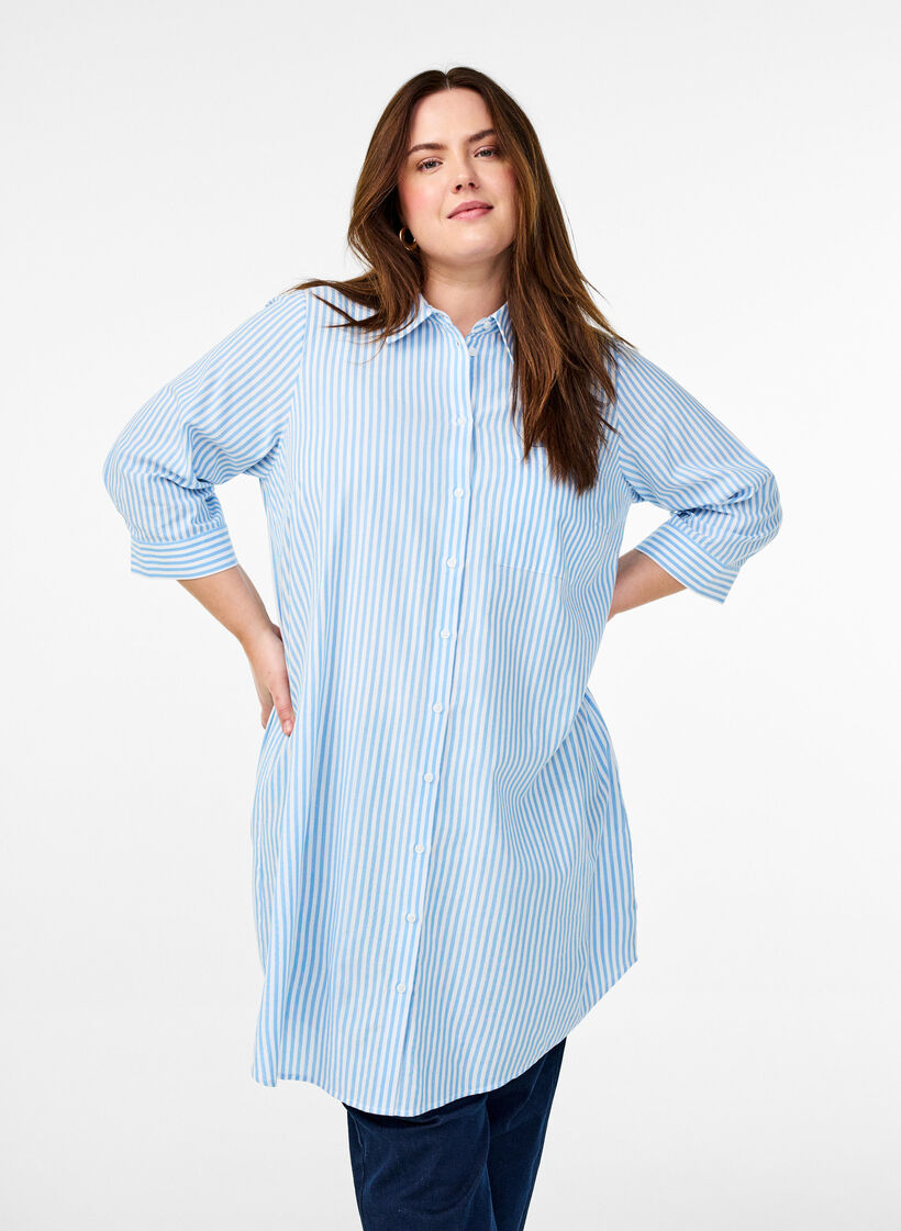 Chemise longue à rayures avec manches 3/4, Bleu Clair, Model image number 0