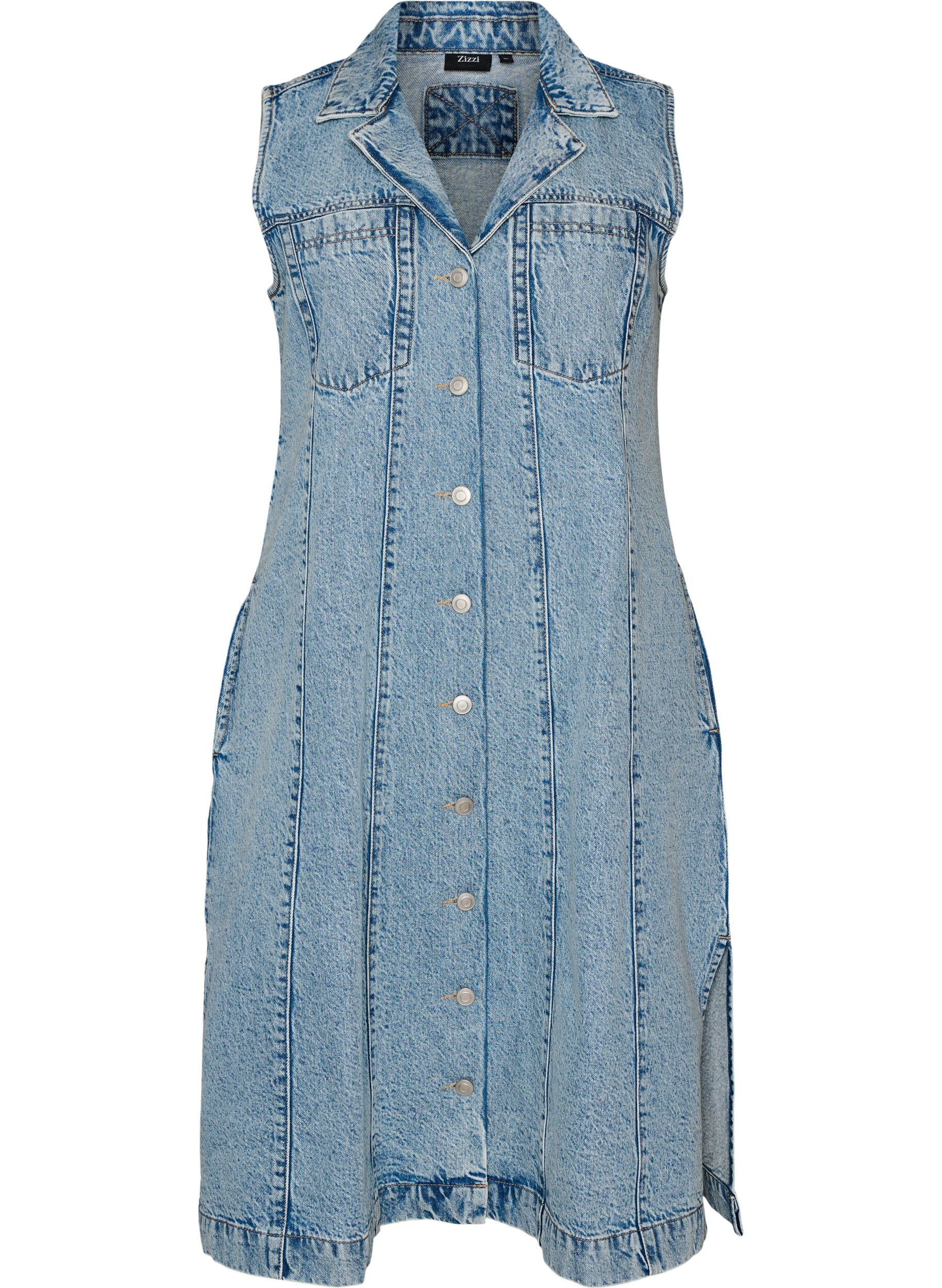 Zizzi Robe en jean sans manches avec fermeture boutonn&eacute;e et fentes, Bleu Clair, Packshot image number 0