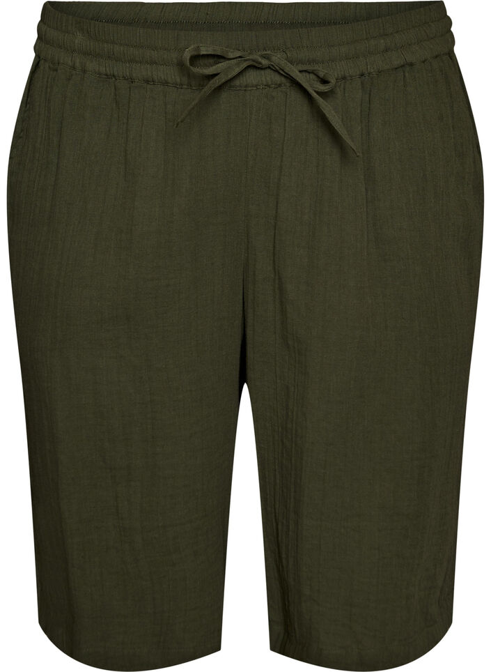 Short ample en mousseline de coton taille haute, Vert, Packshot image number 0