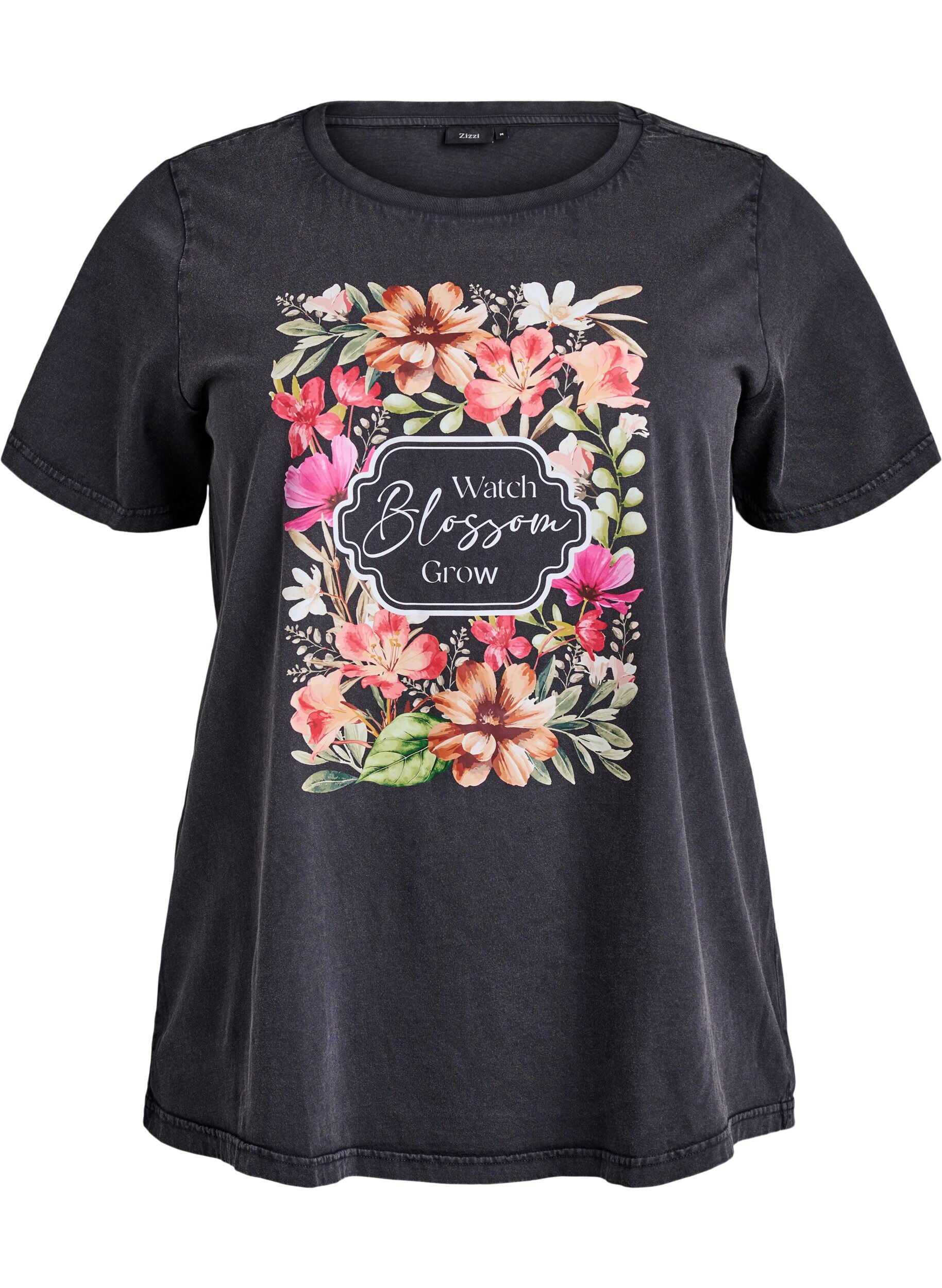 Zizzi T-shirt en coton bio avec imprim&eacute;, Gris anthracite, Packshot image number 0