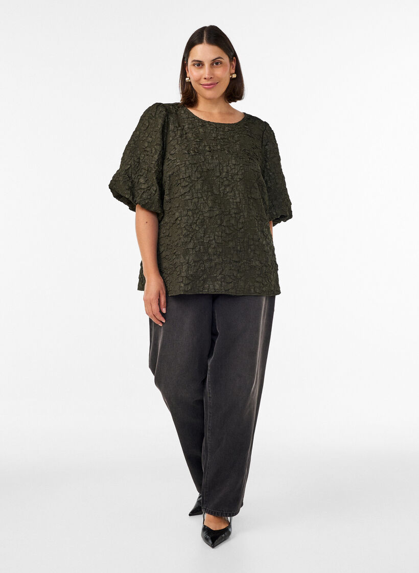 Blouse en jacquard avec des manches bouffantes et une coupe &eacute;vas&eacute;e, Vert fonc&eacute;, Model image number 1